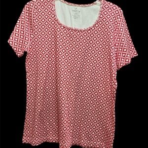 Womens White Stag Short Sleeve Blouse Top Red Diamond Pattern Large 12-14 Cotton